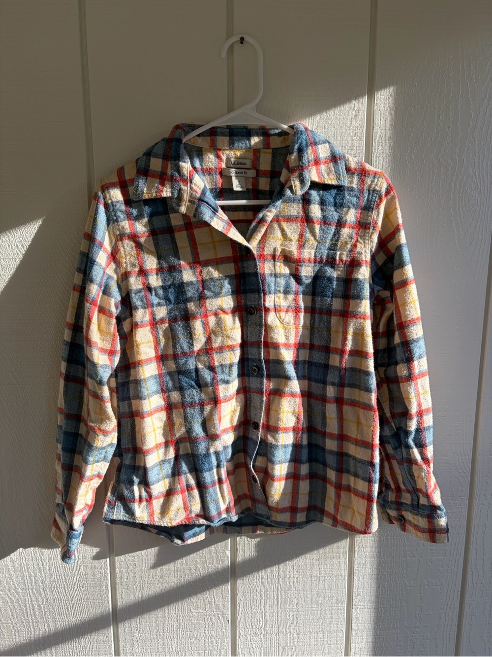 L.L.Bean Plaid Flannel Shirt Jacket - Blue, Cream & Red